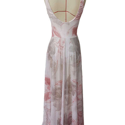 V-neck suspenders mesh print semi-transparent V-neck long dress - Très Elite