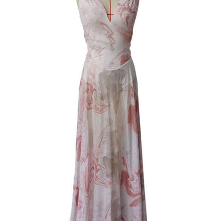 V-neck suspenders mesh print semi-transparent V-neck long dress - Très Elite