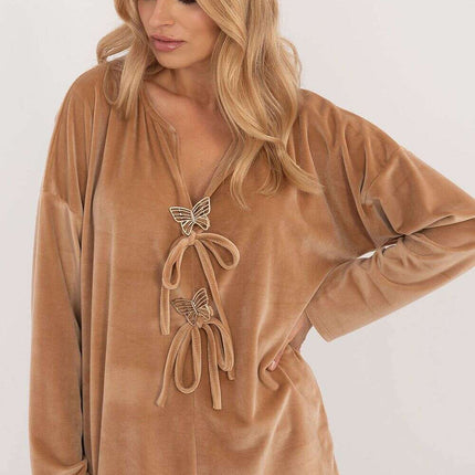 Velour Blouse 202023 With Ties Front And Butterfly Tags - Très Elite