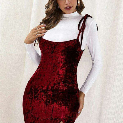 Velvet Charm Bow Suspender Mini Dress with Alluring Slit and Chic Bow Accent - Très Elite