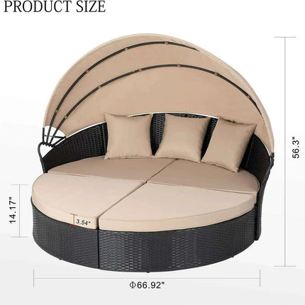 Versatile Black Wicker Round Daybed with Adjustable Canopy - Chic Outdoor Lounge Solution..