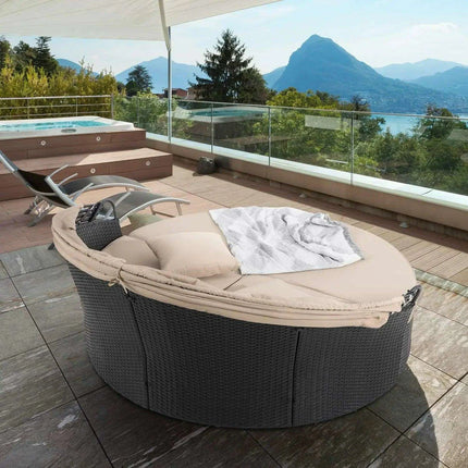 Versatile Black Wicker Round Daybed with Adjustable Canopy - Chic Outdoor Lounge Solution..