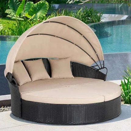 Versatile Black Wicker Round Daybed with Adjustable Canopy - Chic Outdoor Lounge Solution..