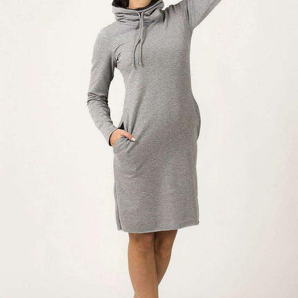 Versatile Knit Sweater Dress with Adjustable Funnel Neck and Functional Side Pockets