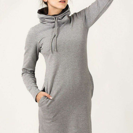 Versatile Knit Sweater Dress with Adjustable Funnel Neck and Functional Side Pockets