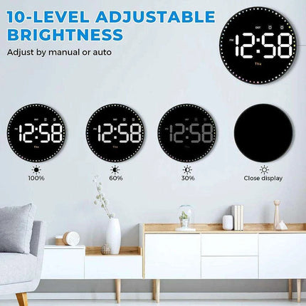 Vibrant 10-Inch LED Wall Clock with Remote, Temperature Readout, and Dual Alarm Features - Stylish Home Décor Timepiece - Très Elite