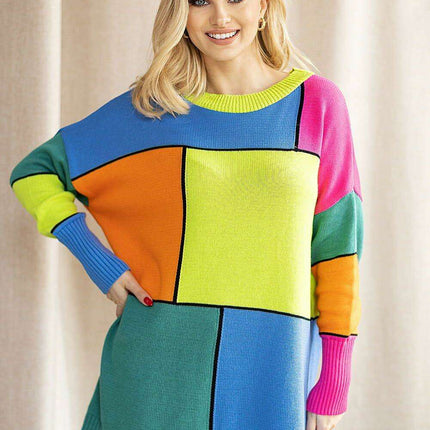 Vibrant Color Block Oversized Knit Sweater - Très Elite