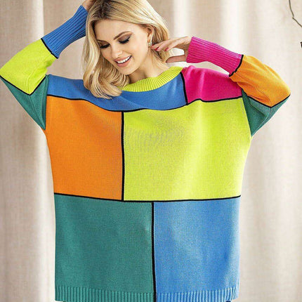 Vibrant Color Block Oversized Knit Sweater - Très Elite