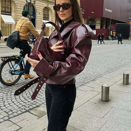 Vibrant Cropped Cherry Red Leather Jacket for Women - Très Elite