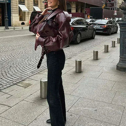Vibrant Cropped Cherry Red Leather Jacket for Women - Très Elite