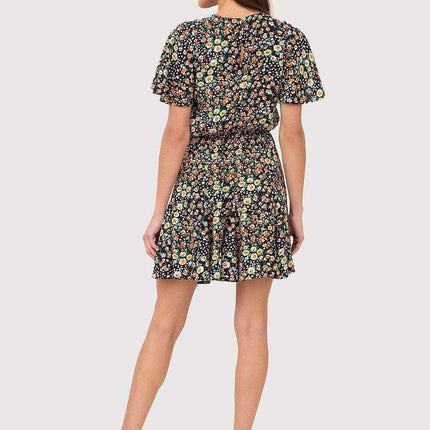 Vibrant Floral Printed Mini Dress with Short Sleeves and Elastic Waistband