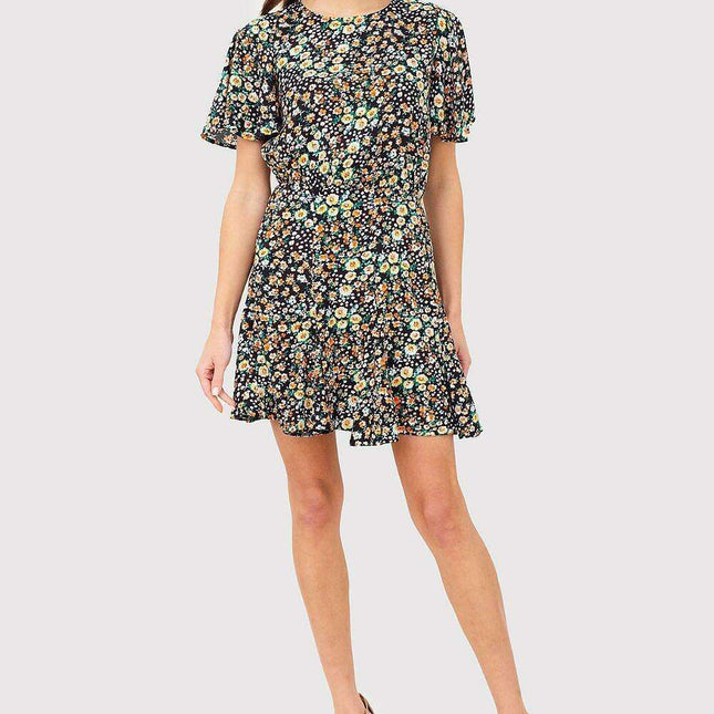 Vibrant Floral Printed Mini Dress with Short Sleeves and Elastic Waistband