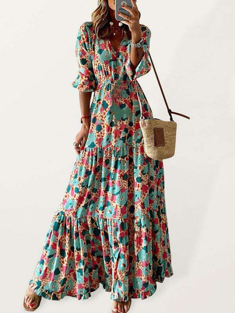 Vibrant Floral V-Neck Swing Dress for Effortless Elegance