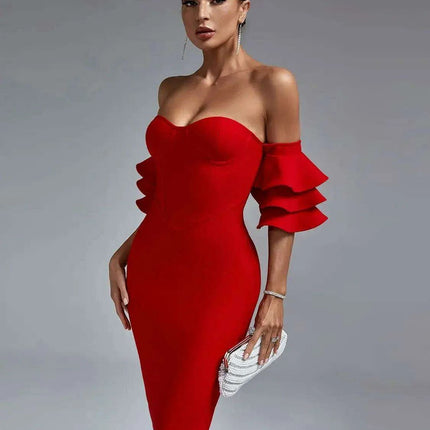 Vibrant Scarlet Off-Shoulder Ruffle Bodycon Dress - Trendy Summer Style 2023 - Très Elite