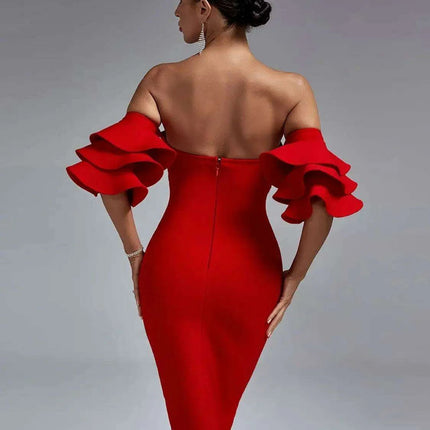 Vibrant Scarlet Off-Shoulder Ruffle Bodycon Dress - Trendy Summer Style 2023 - Très Elite
