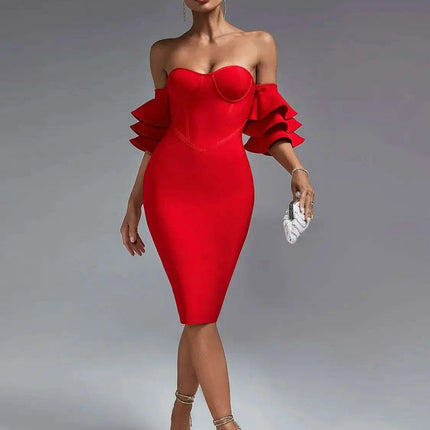 Vibrant Scarlet Off-Shoulder Ruffle Bodycon Dress - Trendy Summer Style 2023 - Très Elite
