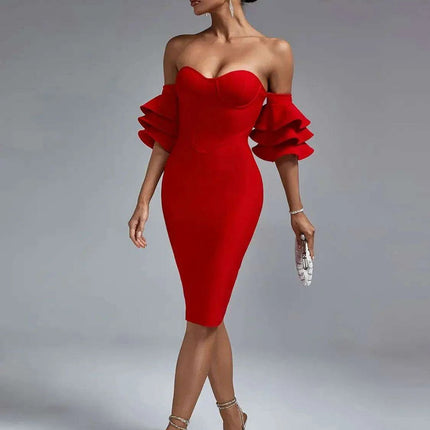 Vibrant Scarlet Off-Shoulder Ruffle Bodycon Dress - Trendy Summer Style 2023 - Très Elite