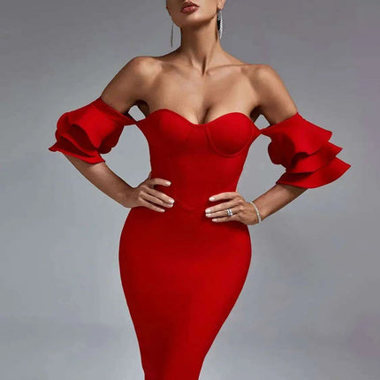 Vibrant Scarlet Off-Shoulder Ruffle Bodycon Dress - Trendy Summer Style 2023