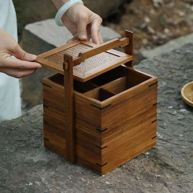Vintage Artisan Wooden Fruit Holder with Chic Lid and Dividers | Timeless Style