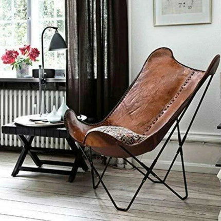 Vintage Brown Leather Butterfly Chair - Stylish Versatile Seating Addition - Très Elite
