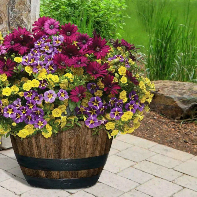 Vintage Charm 16-Inch Durable Resin Barrel Planter for Your Garden Oasis