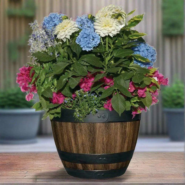 Vintage Charm 16-Inch Durable Resin Barrel Planter for Your Garden Oasis