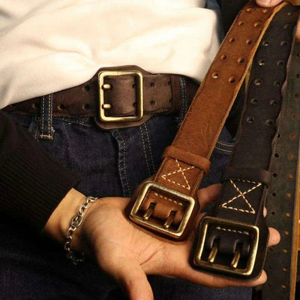 Vintage Double-Needle Buckle Men's Genuine Leather Tactical Belt – Rugged Denim Style - Très Elite