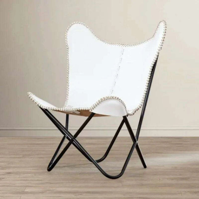 Vintage Elegance White Leather Butterfly Lounge Chair with Portable Frame