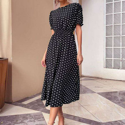 Vintage Inspired Black Polka Dot Dress with Flattering Midi Skirt - Très Elite