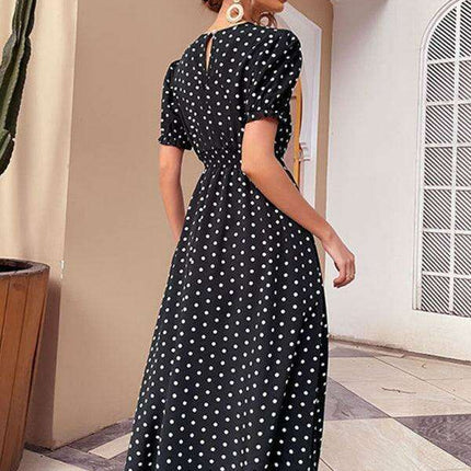 Vintage Inspired Black Polka Dot Dress with Flattering Midi Skirt - Très Elite