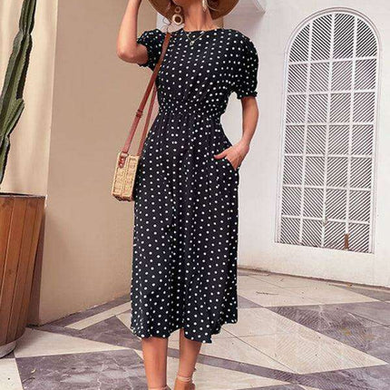 Vintage Inspired Black Polka Dot Dress with Flattering Midi Skirt - Très Elite