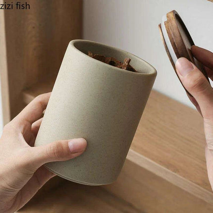 Vintage-Inspired Ceramic Canister Set with Airtight Wooden Lids for Tea and Coffee Storage - Très Elite