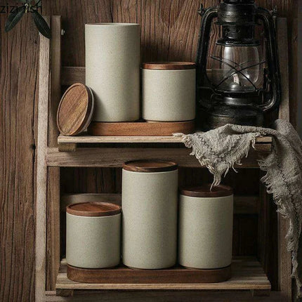 Vintage-Inspired Ceramic Canister Set with Airtight Wooden Lids for Tea and Coffee Storage - Très Elite