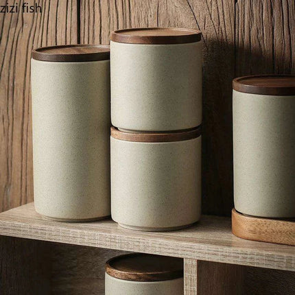 Vintage-Inspired Ceramic Canister Set with Airtight Wooden Lids for Tea and Coffee Storage - Très Elite