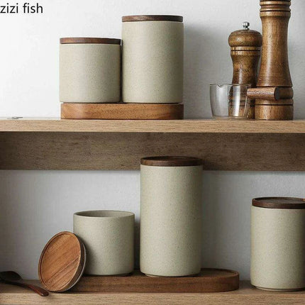 Vintage-Inspired Ceramic Canister Set with Airtight Wooden Lids for Tea and Coffee Storage - Très Elite