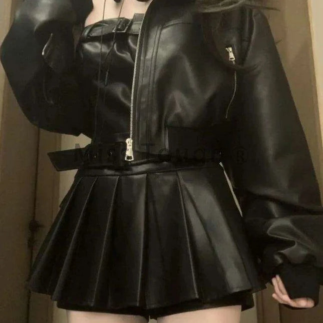 Vintage-Inspired Korean Leather Mini Dress Set with Belt - Fashionable Patchwork Ensemble for 2024