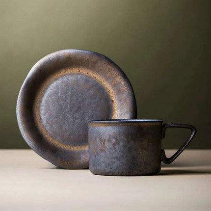 Vintage Japanese-Inspired Stoneware Coffee Mug Set with Elegant Serving Tray - Très Elite
