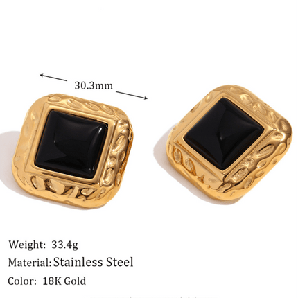 Vintage earrings stainless steel classic hammered pattern square black acrylic earrings - Très Elite