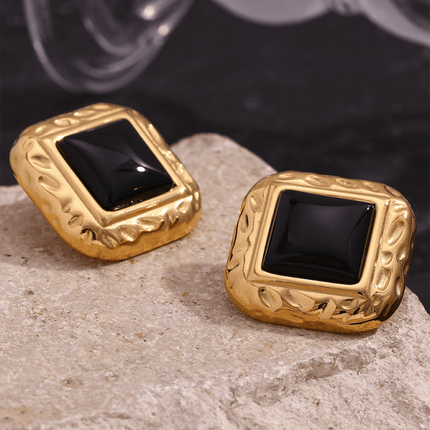 Vintage earrings stainless steel classic hammered pattern square black acrylic earrings - Très Elite