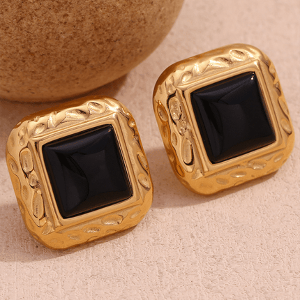 Vintage earrings stainless steel classic hammered pattern square black acrylic earrings - Très Elite