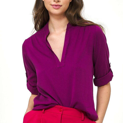 Violet Viscose Blouse With Ruched Neckline And Sleeves - Très Elite