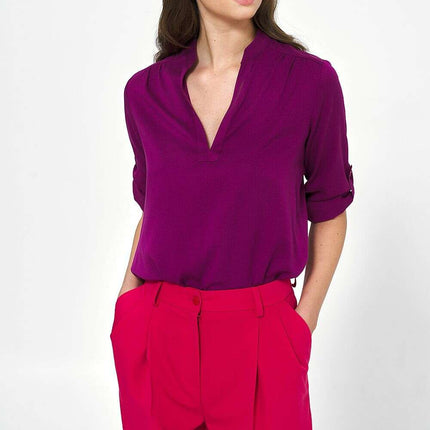 Violet Viscose Blouse With Ruched Neckline And Sleeves - Très Elite