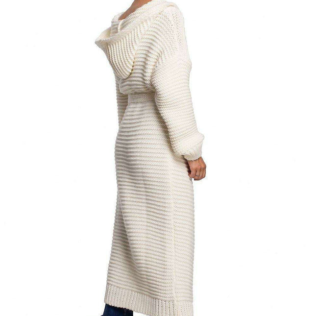 Warm Knitted Hooded Cardigan with Waist Tie