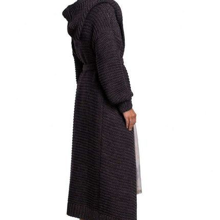 Warm Knitted Hooded Cardigan with Waist Tie - Très Elite