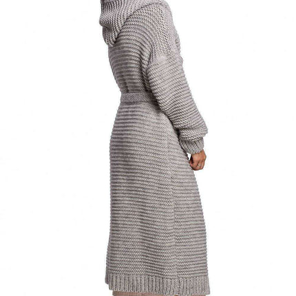 Warm Knitted Hooded Cardigan with Waist Tie - Très Elite