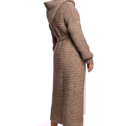 Warm Knitted Hooded Cardigan with Waist Tie - Très Elite