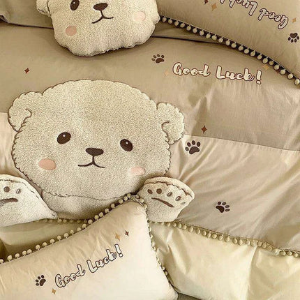 Whimsical Cartoon Bear Embroidered Kids' Cotton Bedding Set - 100% Cotton Duvet Cover, Sheet, and Pillowcases- Très Elite- Très Elite
