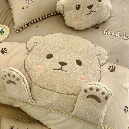 Whimsical Cartoon Bear Embroidered Kids' Cotton Bedding Set - 100% Cotton Duvet Cover, Sheet, and Pillowcases- Très Elite- Très Elite