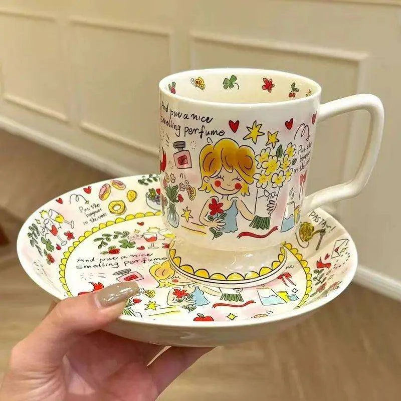 Whimsical Handcrafted French Coffee Cup and Saucer Set for Kids - Adorable Cartoon Design, Ideal for Breakfast and Tea Gifts - Très Elite