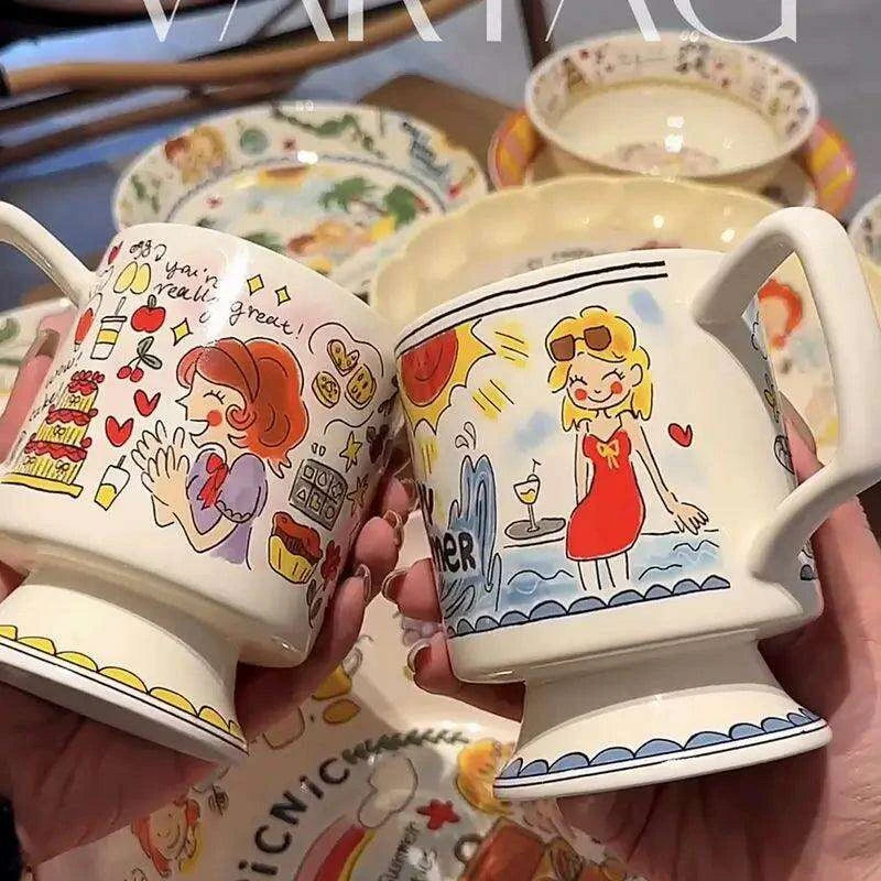 Whimsical Handcrafted French Coffee Cup and Saucer Set for Kids - Adorable Cartoon Design, Ideal for Breakfast and Tea Gifts - Très Elite